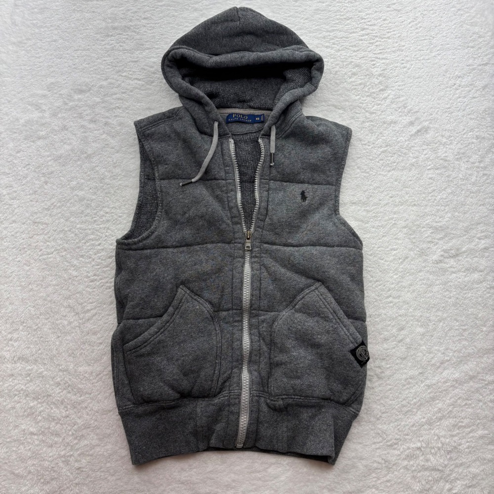 Polo Ralph Lauren Mens XS Gray Quilted Hooded Puffer Vest Zip Up Sleeveless